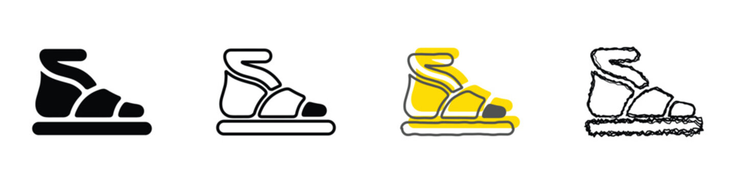 A collection of four stylized representations of a sandal, showcasing different artistic interpretations from solid silhouette to sketched outline