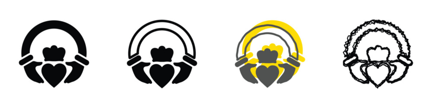A collection of four distinct Claddagh symbols, showcasing different artistic interpretations of this iconic Irish emblem