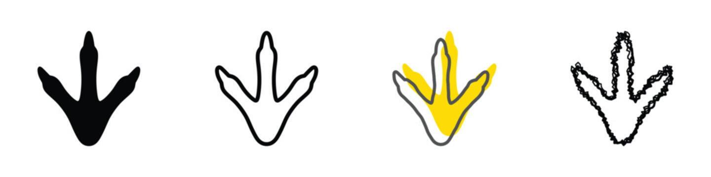 A set of four distinct dinosaur footprints, each rendered with unique artistic interpretations and color variations