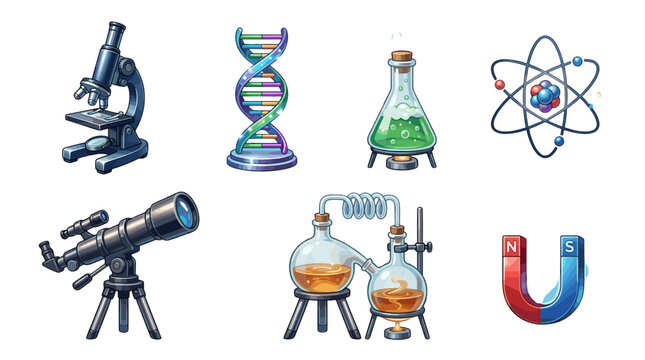 Collection of science and laboratory equipment including microscope dna test tube flask and magnet