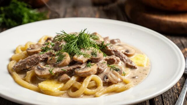 Steaming Beef Stroganoff with Pasta and Mushrooms