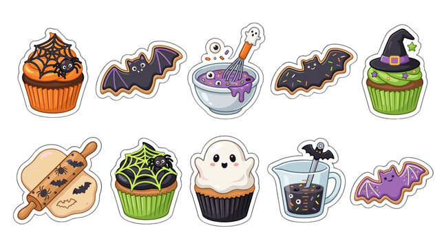 Set of cute halloween themed cupcakes and treats with bats ghosts and witch hats
