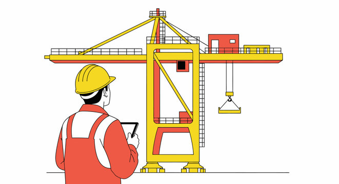 Construction worker with tablet overseeing large yellow and red industrial crane