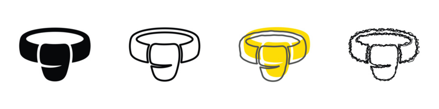 Four distinct graphical representations of a jockstrap, showcasing different artistic interpretations and color schemes for versatile use