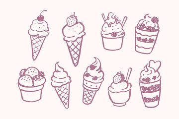 Ice Cream Dessert Doodle Set Hand Drawn Vector Illustration © Victoria