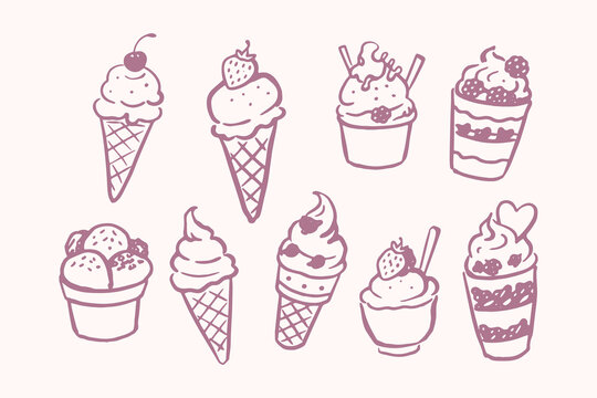 Ice Cream Dessert Doodle Set Hand Drawn Vector Illustration