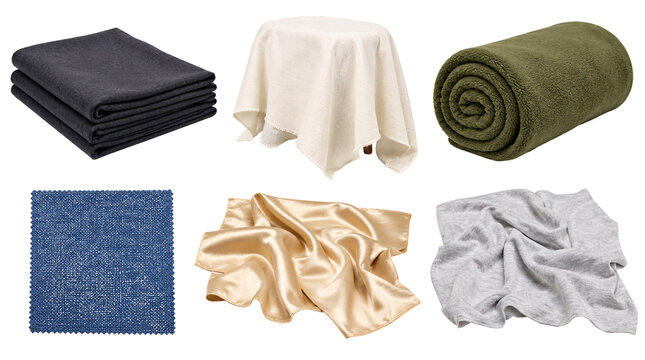 Set of assorted textile fabric samples and soft folded cloths.