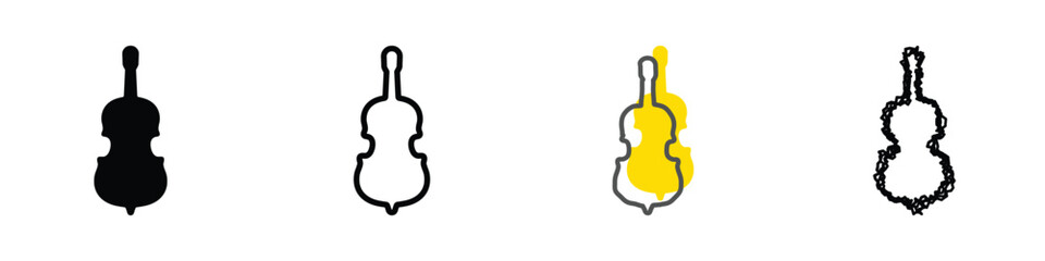 A set of four distinct graphic representations of a cello or double bass, showcasing different artistic styles and techniques © Vova7