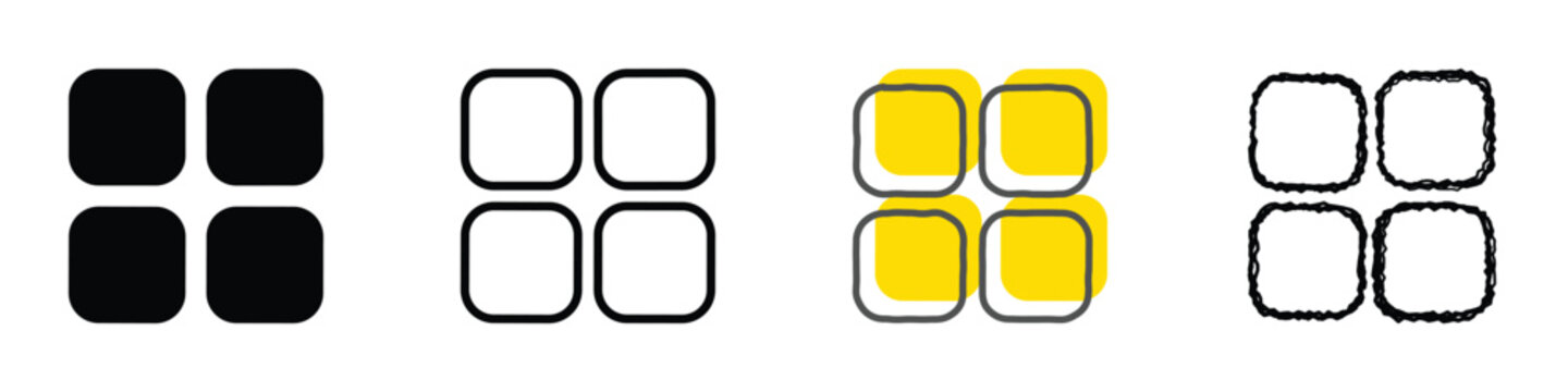 A collection of four distinct icon styles, each featuring four squares in a grid layout, showcasing variations in design and fill
