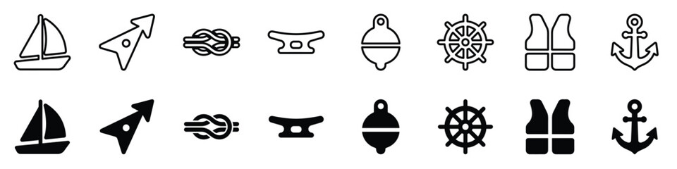 Collection of simple line and solid silhouette icons representing sailing, boating, and maritime safety gear for design projects © Vova7