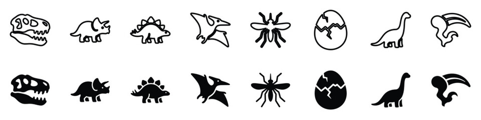 A set of stylized illustrations depicting various prehistoric animals and symbols, presented in both line art and solid fill formats © Vova7
