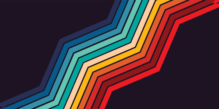Abstract 1970's background design in futuristic retro and vintage style with colorful of rainbow lines. Zigzag lines seamless pattern. Vector illustration
