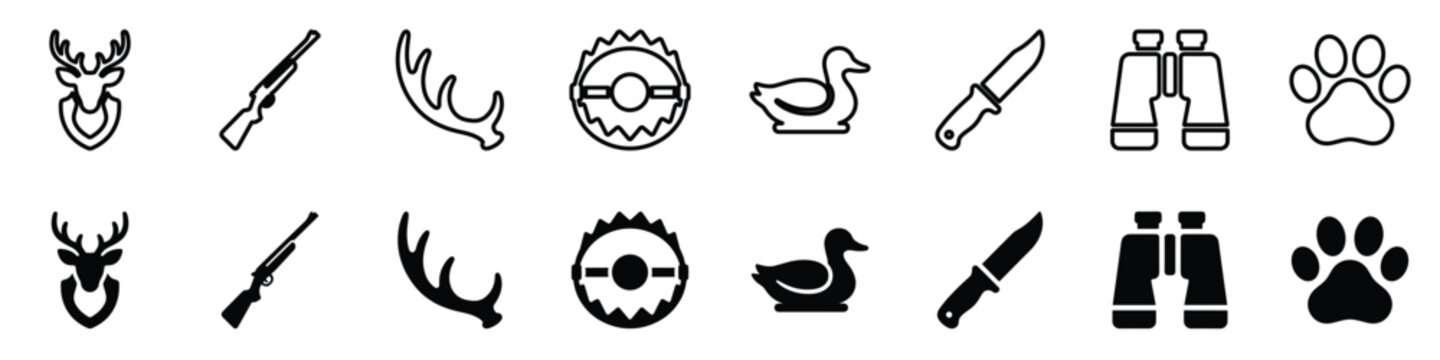 A set of graphic symbols representing various elements associated with hunting and outdoor activities, presented in both outline and solid fill styles
