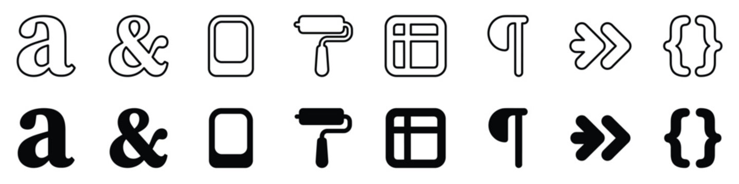 Collection of graphic elements including letters, ampersands, shapes, and symbols presented in both line art and solid fill variations