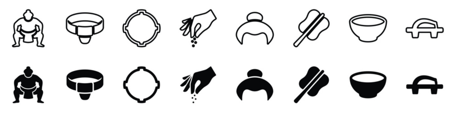 A set of graphic symbols representing elements of sumo wrestling and Japanese culture, presented in both line art and filled versions