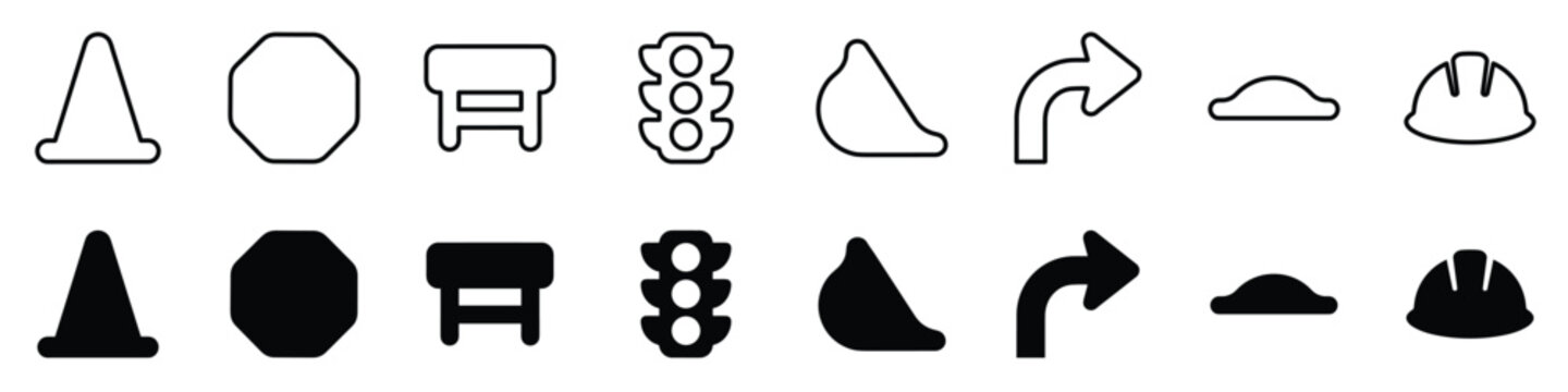 This set features clear, simple icons representing traffic cones, stop signs, barriers, traffic lights, directional arrows, and hard hats for safety and navigation themes