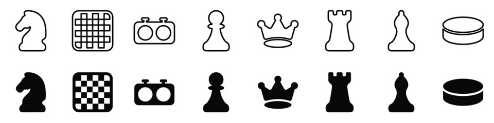 A visual set displaying chess game icons including knight, board, timer, pawn, queen, rook, and puck in both black and white outlines and solid fills © Vova7