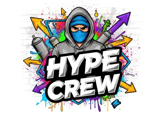 Graffiti style hype crew logo with a hooded character wearing a mask, spray paint cans, and colorful arrows on a brick wall background