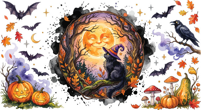 Watercolor illustration featuring a spooky witch silhouette inside a glowing autumn forest surrounded by bats pumpkins and a raven for halloween