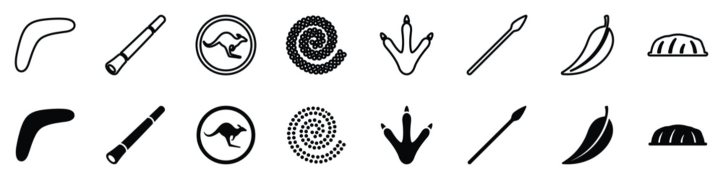 A visual compilation of iconic Australian Aboriginal symbols including a boomerang, didgeridoo, kangaroo, spiral, footprint, spear, and Uluru
