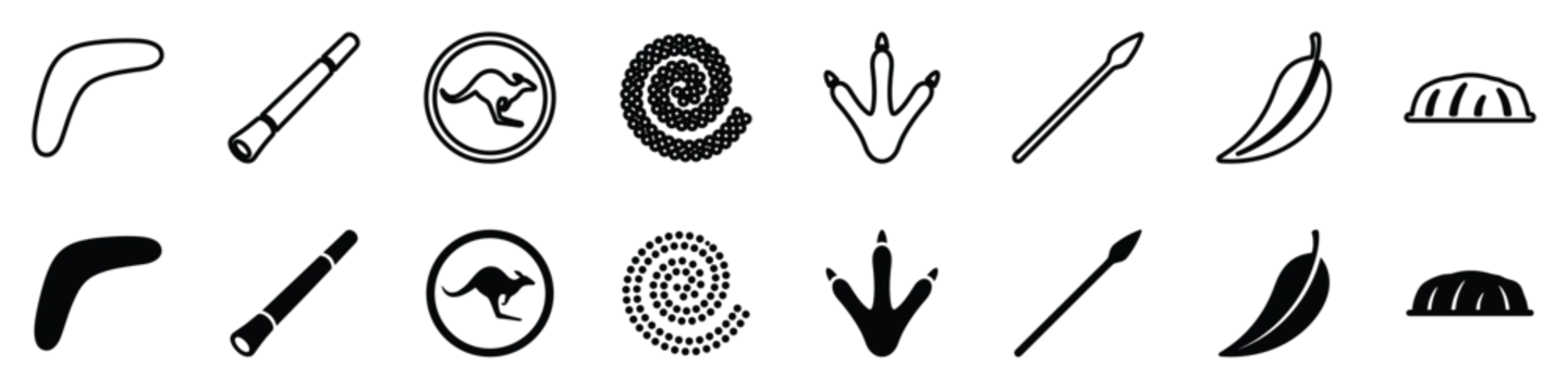 A visual compilation of iconic Australian Aboriginal symbols including a boomerang, didgeridoo, kangaroo, spiral, footprint, spear, and Uluru