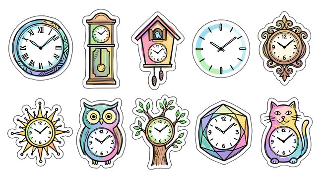 Collection of colorful vintage and modern clocks with various designs and styles