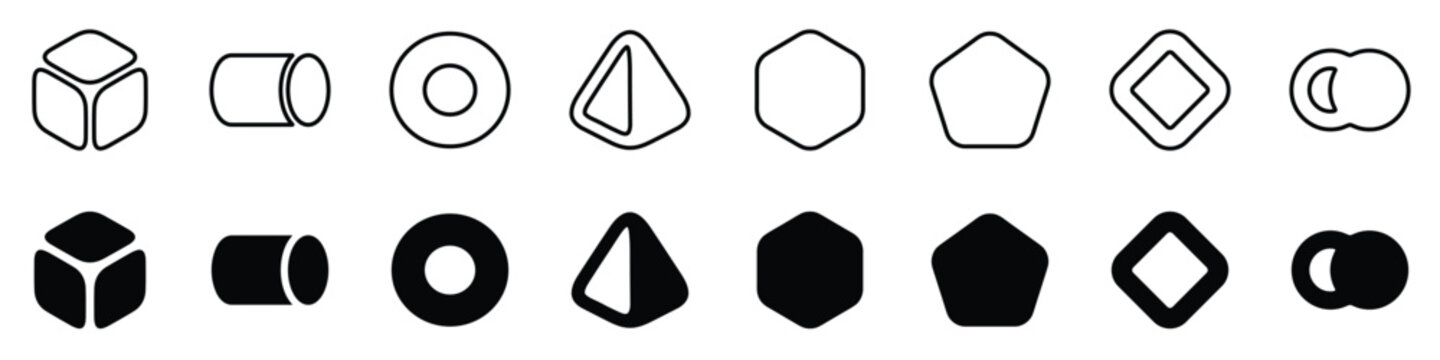 A set of basic geometric shapes presented in both line art and solid black versions for design purposes