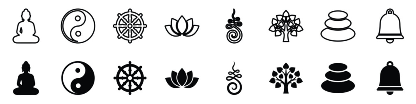 A set of eight distinct spiritual icons, presented in both line art and silhouette forms, representing diverse cultural and religious motifs