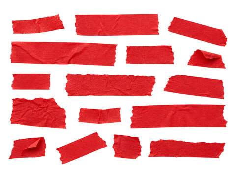Set of red adhesive tape strips isolated on transparent background.
