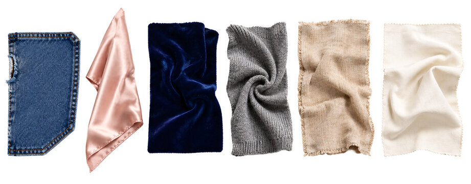 Set of various fabric textures isolated on transparent background.