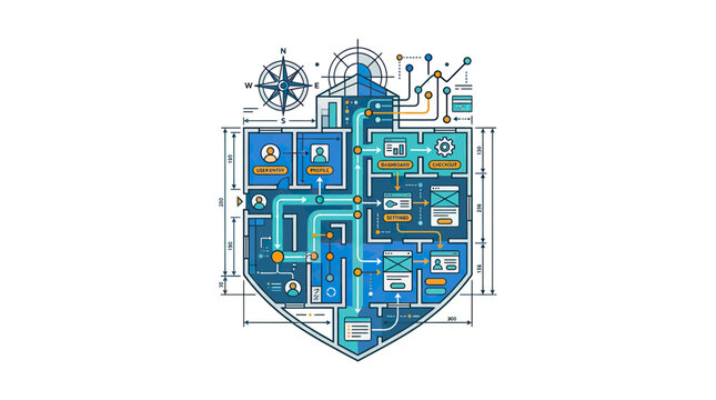Cyber Security Shield Blueprint Diagram - Data Protection System Flowchart