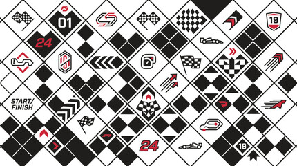 Obraz premium Racing Icons and Symbols on Geometric Background - Motorsport Graphics