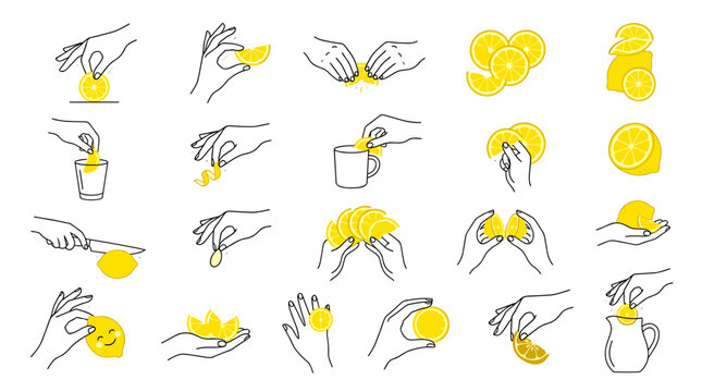 Collection of simple line drawings demonstrating various hand gestures and objects in yellow and black