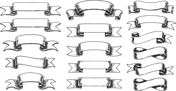 Set of vintage ribbons banners and decorative scrolls isolated on transparent background for wedding invitation label design. Vector Illustration