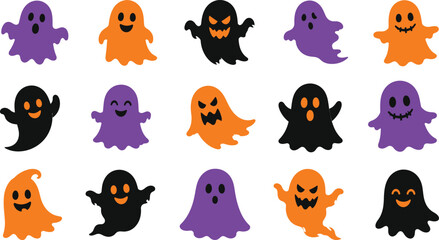 Fototapeta premium Cute Halloween ghost character set chubby cartoon phantom expression collection purple orange holiday sticker graphic element