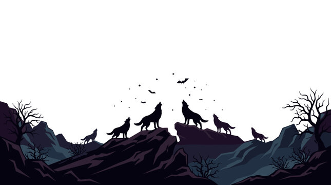 Silhouette of wolves howling on mountain ridge during sunset with trees and birds in background