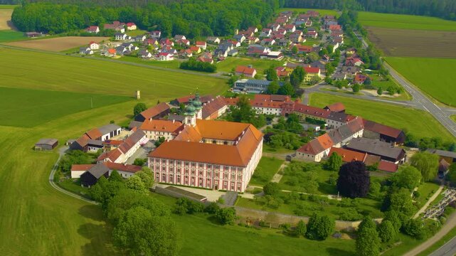 Panoramic aerial view of the old town and monastery beside the city Speinshart in Germany, Baden-W&uuml;rttemberg on a sunny day in Spring