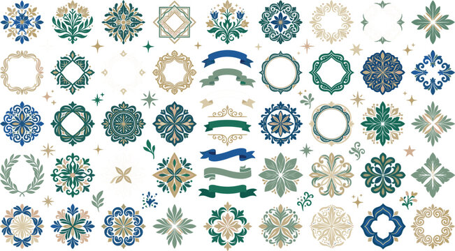 Set of vintage floral frames borders and decorative ornaments for classic design and elegant labels in green blue and grey colors