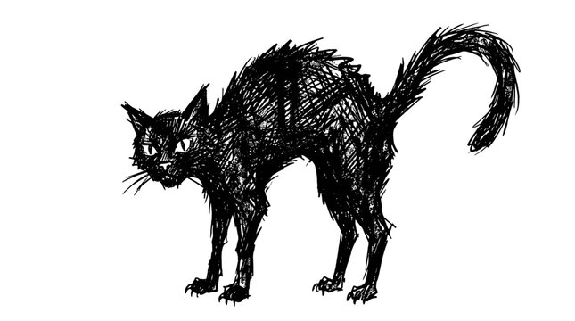 Black cat with arched back and fluffy tail standing on textured surface in a detailed illustration