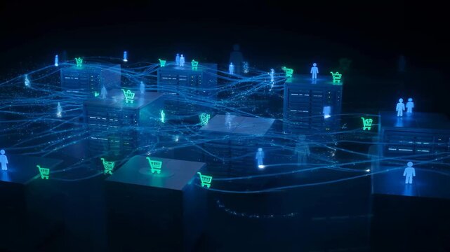 Abstract glowing network grid with tiny people figures connected in digital cyberspace