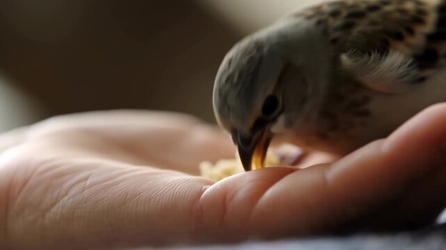 Close view of small brown bird pecking breadcrumb from human palm with soft natural side light, shallow depth of field, visible beak contact and gentle feeding interaction