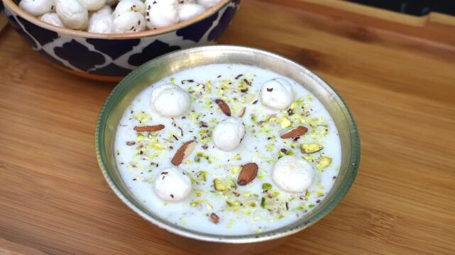 makhana kheer served in a copper bowl as sacred prasad during Navratri, Durga Puja, Janmashtami, and other Hindu religious celebrations