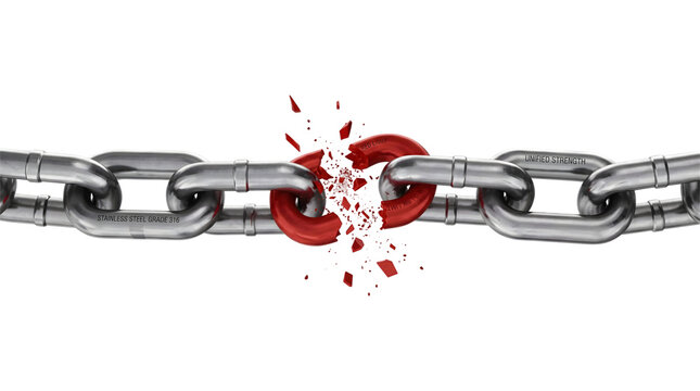 Steel chain breaking apart at a shattering red link labeled weak point isolated as a PNG on transparent background