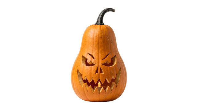 Tall carved Halloween pumpkin with a sinister glowing face and lit candle inside isolated as a PNG on transparent background