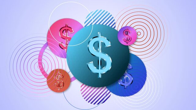 Abstract finance concept with dollar signs on overlapping circles and geometric rings animation