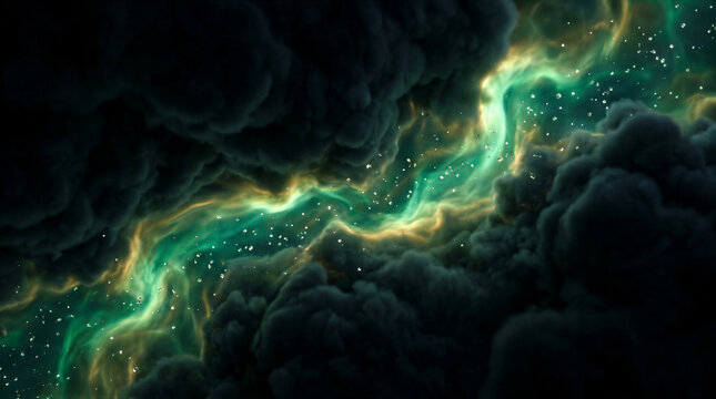 Abstract digital artwork featuring glowing green energy stream flowing through dark storm clouds. Particle light streaks and nebular formation. Cosmic background for technology presentation