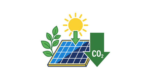 Solar panel, sun, plant, and CO2 reduction icon. Clean energy concept.