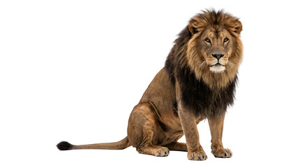 Male lion with thick golden mane sitting majestically and staring forward captured in PNG isolated transparent background © Inkartia