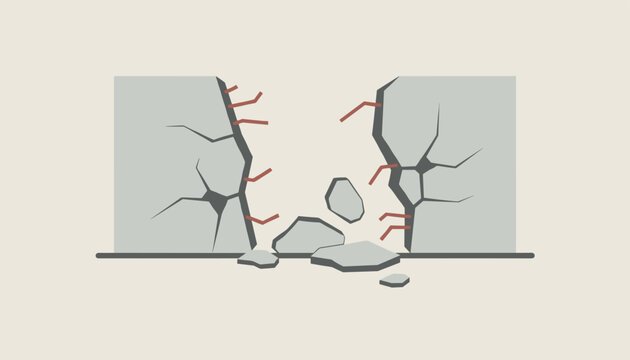 Structural damage illustration showing a cracked wall with exposed debris and broken concrete pieces representing a building failure.