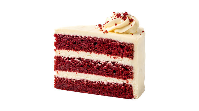 Layered red velvet cake slice with cream cheese frosting and a swirled piped topping isolated as PNG on transparent background